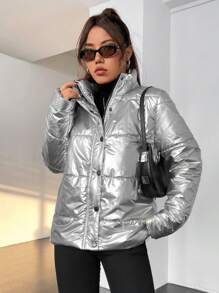 Flirla Zip Up Snap Button Metallic Padded Padded Coat Clothes Winter Fall Cloth For Women