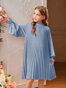 SHEIN 女大童1入組後綁帶蝴蝶結荷葉袖百褶洋裝 - 霧霾藍 - 查看 5