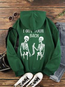 SHEIN EZwear 骷髏&標語圖案抽繩加絨內裏連帽衫 - 墨綠色 - 查看 1