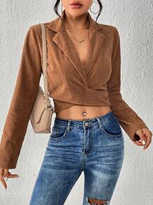 Chiquease 西裝領交叉圍裹後綁帶短版西裝 - 卡其色 - 查看 3