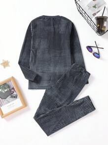 Tween Boy Letter Graphic Ribbed Knit Tee & Pants Snug Fit PJ Set - Navy Blue - View 2