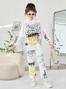 SHEIN Thiếu niên cô gái Đồ họa Hoạt hình Áo Hoodie & Quần thể thao - trắng - Xem 5