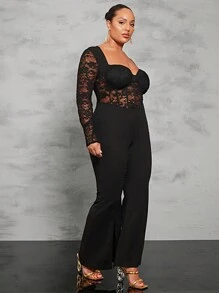 SHEIN BAE Hơn Ren tương phản Cổ Trái tim Chân bùng Áo liền quần - màu đen - Xem 4