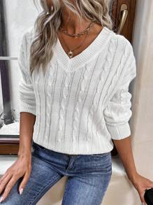 SHEIN Frenchy Jersey De Cuello En V Y Tejido De Punto De Cable - Blanco - Ver 5