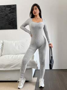 SHEIN EZwear 雞心領口條紋針織彈力緊身連體褲 - 卡其色 - 查看 6