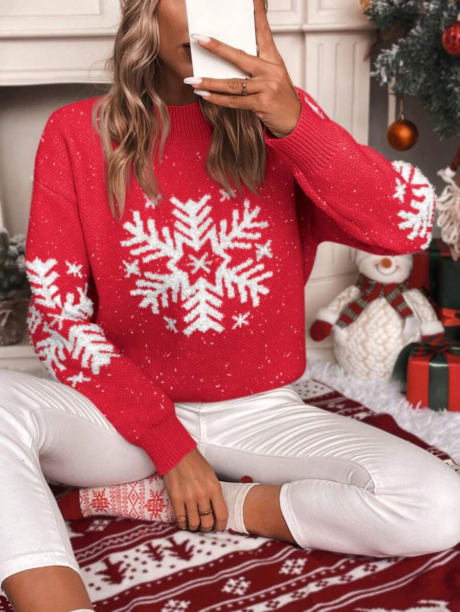Chiquease Snowflake Pattern Drop Shoulder Sweater Knit Pullover Fall Winter Outfit