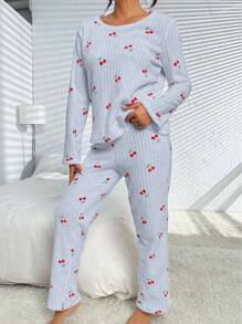 Của phụ nữ Quả cherry In Bộ mặc nhà Có Áo Và Quần - Màu xanh lam - Xem 5