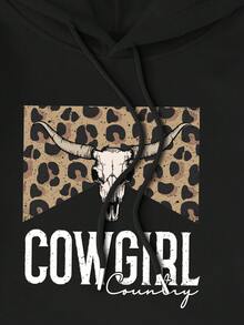 SHEIN Essnce 女式字母豹紋連帽衫 - 黑色 - 查看 4