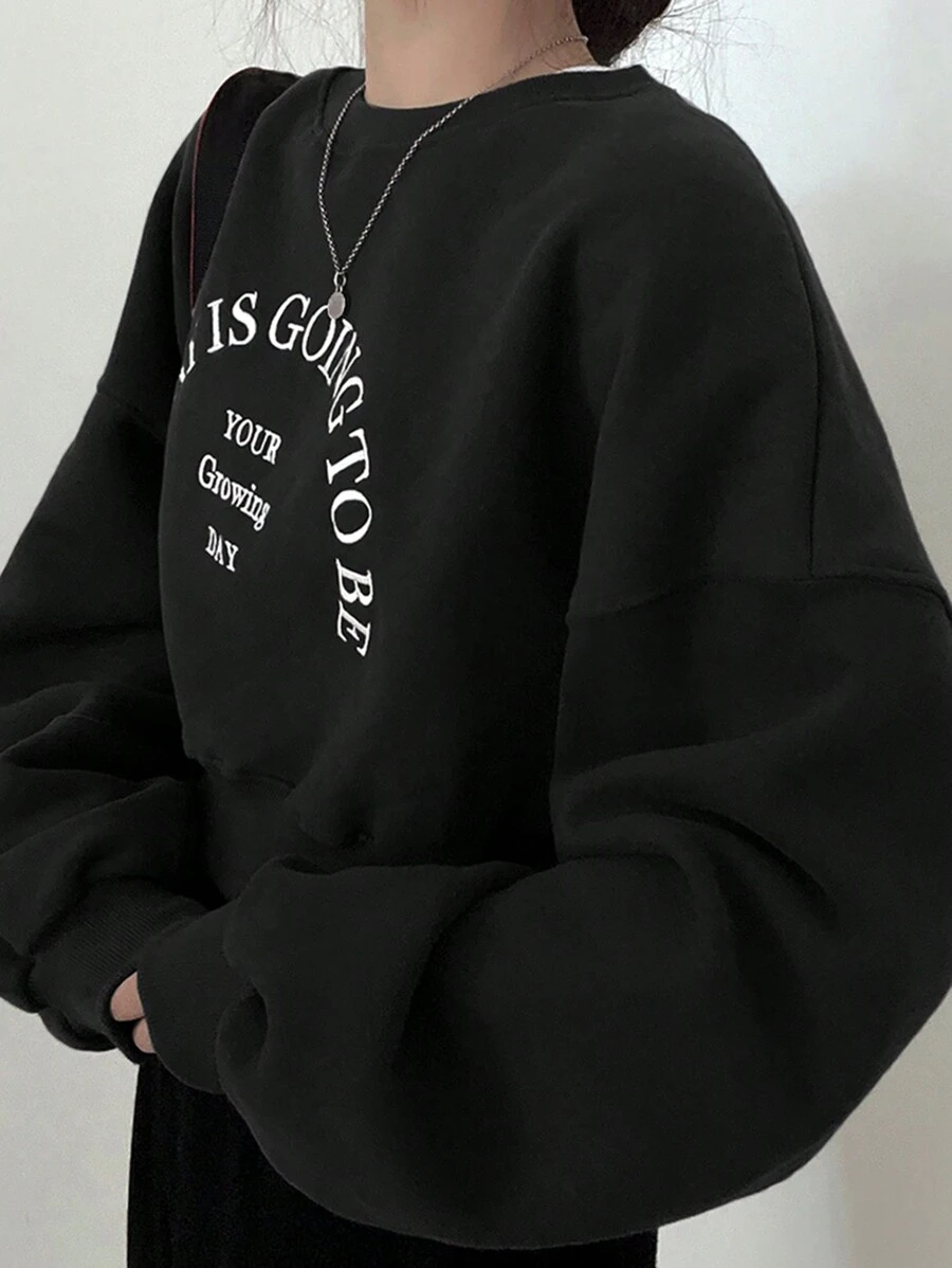 DAZY Letter Graphic Drop Shoulder Oversized Pullover,Long Sleeve Tops,Fall Clothes Sweatshirt - Black - View 1