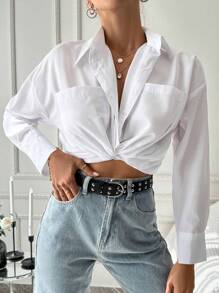 EURMUSE Women's Button-down Shirt With Patch Pocket And Drop-shoulder Design - White - View 4