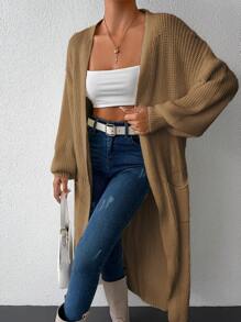 EURMUSE Solid Color Drop Shoulder Cardigan Sweater - Beige - View 5