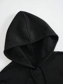 Manfinity Hypemode Hombres talla grande Capucha con estampado de slogan de hombros caídos con cordón - Negro - Ver 4