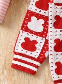 SHEIN Young Girl Cartoon Pattern Striped Trim Cardigan - Red - View 5