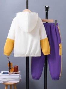 SHEIN Young Boy Colorblock Flap Detail Half Zip Hooded Jacket & Pants - Violet Purple - View 2