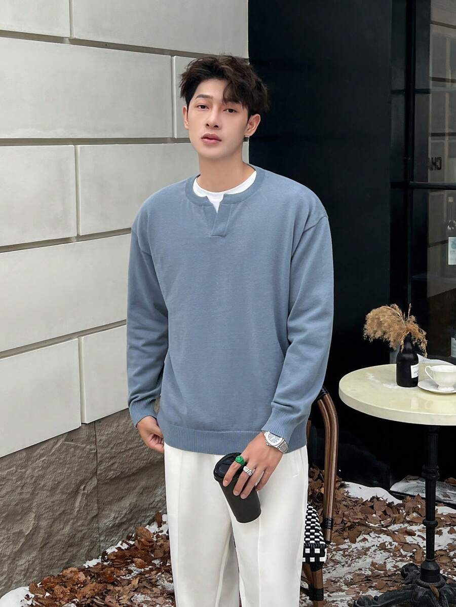 Manfinity Hypemode 男士素色落肩袖套頭毛衣 - 灰色 - 查看 1