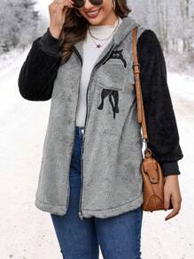 SHEIN LUNE Plus Cat Pattern Contrast Sleeve Hooded Teddy Coat - Grey - View 5