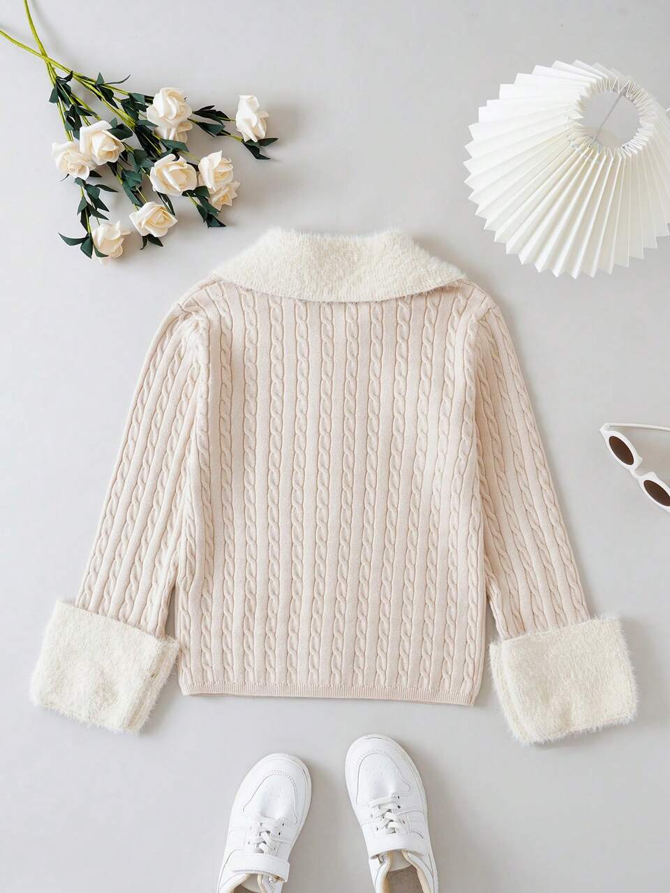 Tween Girl Borg Collar Zip Up Cable Knit Cardigan