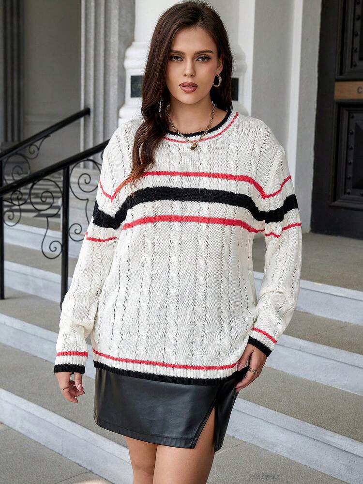 Plus Striped Pattern Cable Knit Drop Shoulder Sweater Knit Pullover Fall Winter Sweater