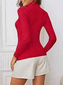 INAWLY Solid Turtleneck Ribbed Knit Sweater,Long Sleeve Tops Knit Pullover Fall Winter Sweater - Red - View 2