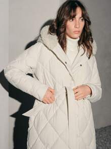 Anewsta Abrigo acolchado con capucha de color liso informal para mujer en invierno - Albaricoque - Ver 3