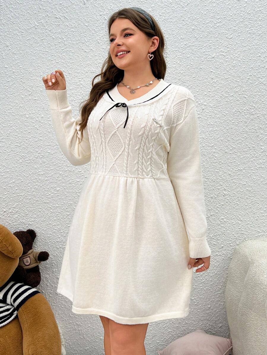 SHEIN MOD Kích thước lớn Xoắn Dan Nối Đầm Áo len - Màu be - Xem 1