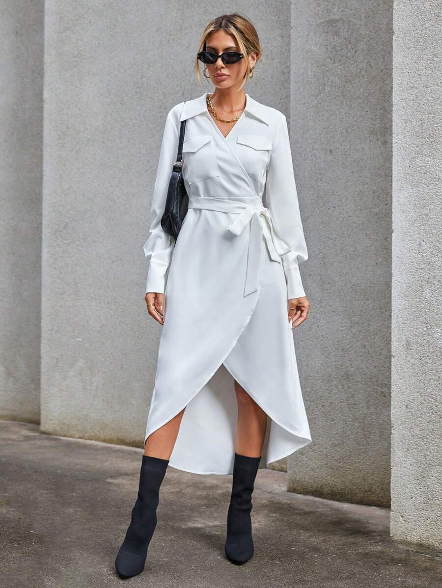 SHEIN Essnce Chi tiết về Flap Bao bên Váy có thắt lưng - trắng - Xem 1