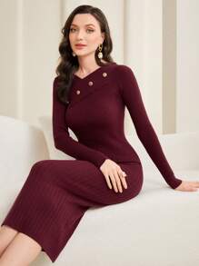Modelyn Burgundy Red Solid Button Detail Ribbed Knit Sweater Dress - Burgundy - View 6