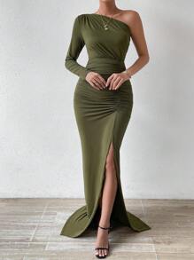 SHEIN Privé One Shoulder Ruched Split Thigh Dress - Army Green - View 5