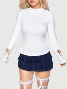 ROMWE Kawaii 爪子圖案毛茸茸袖口小高領T恤 - 白色 - 查看 2