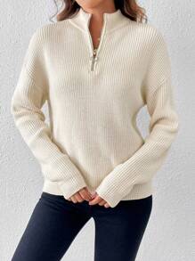 SHEIN LUNE Pull Zippé Côtelé Épaule Tombante