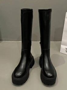 女款時尚側拉鍊修身高筒黑色極簡風厚底靴