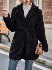 SHEIN Clasi Lapel Neck Belted Teddy Coat - Black - View 6