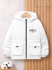SHEIN Casaco acolchoado com capuz e bolso com aba bordado com letras e zíper para menino pré-adolescente