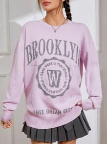 SHEIN EZwear Mẫu chữ Thả vai Áo len - Hồng - Xem 1