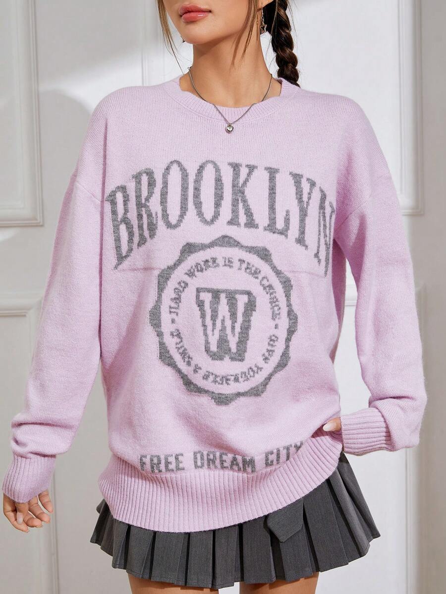 SHEIN EZwear Mẫu chữ Thả vai Áo len - Hồng - Xem 1