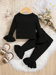 Baby Girl Flounce Sleeve Button Front Tee & Flare Leg Pants