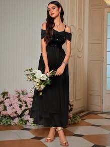 SHEIN Belle 露肩頸線,亮片a字型伴娘禮服 - 黑色 - 查看 6