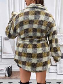 Flirla معطف تيدي طباعة مربع النقش حزام مقاس كبير