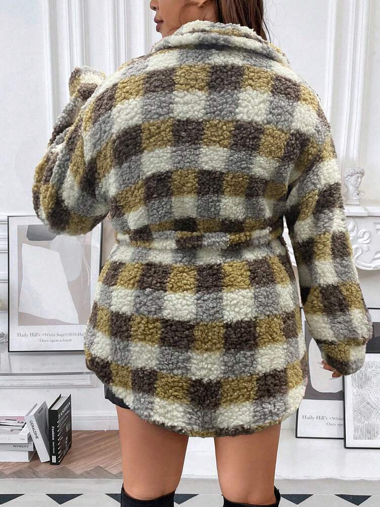 Plus Plaid Print Belted Teddy Coat
