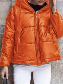 EURMUSE Women's Solid Color Long Sleeve Zip-Up Drawstring Hooded Winter Jacket - Orange - View 6