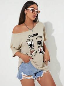 SHEIN EZwear Coffee & Letter Graphic Drop Shoulder Tee - Khaki - View 4