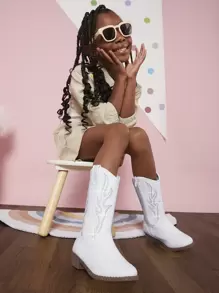 女孩水鑽細節側拉鍊西部牛仔靴 - 白色 - 查看 1