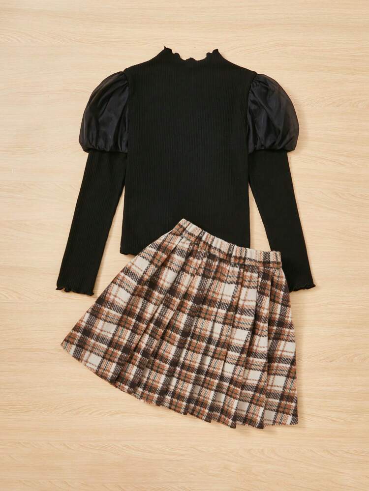 Tween Girl Knitted Texture Solid Color Splice Mesh Puff Sleeve Top And Plaid Skirt Set