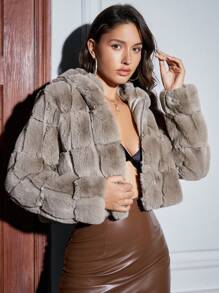 Anewsta Zip Up Hooded Fuzzy Coat - Khaki - View 7