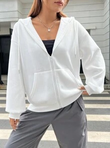 SHEIN EZwear 標語圖案抽繩拉鏈開襟落肩袖連帽衫 - 白色 - 查看 5