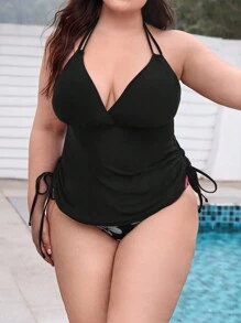 SHEIN Swim Lushore 夏季沙灘大花印花繩帶側領連體泳裝 - 黑與白 - 查看 3