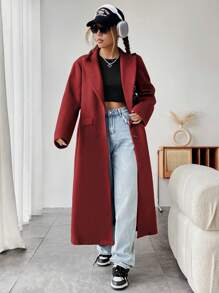 SHEIN Unity Women's Casual Mandarin Collar Single-Breasted Long Sleeve Overcoat, Autumn - Red - View 3