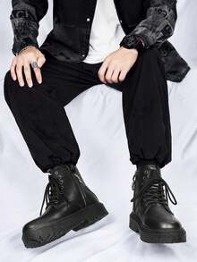 Men's High-top Stylish Solid Color Boots For Autumn And Winter - Black - View 2