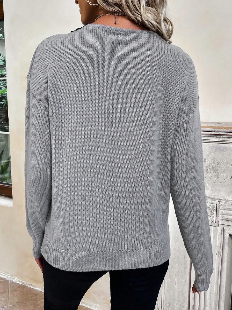Guipure Lace Panel Drop Shoulder Knit Pullover Fall Winter Sweater
