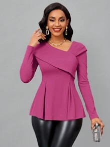 SHEIN Lady Xếp nếp Cổ không đối xứng Xoay eo Áo thun - Màu Hồng Tươi - Xem 6